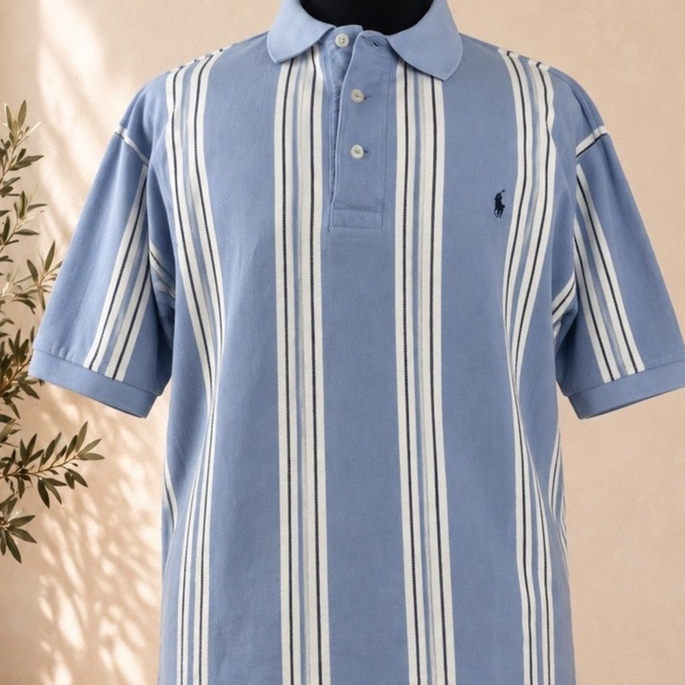 90's Polo Golf Ralph Lauren Mens Blue Striped Short Sleeve Cotton Polo Shirt L